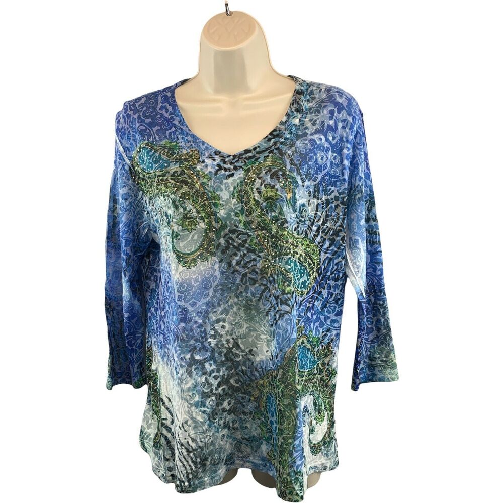 Kaktus Women's Top Size Large Studded Blue 3/4 Sleeve Shirt V-Neck Lightweight